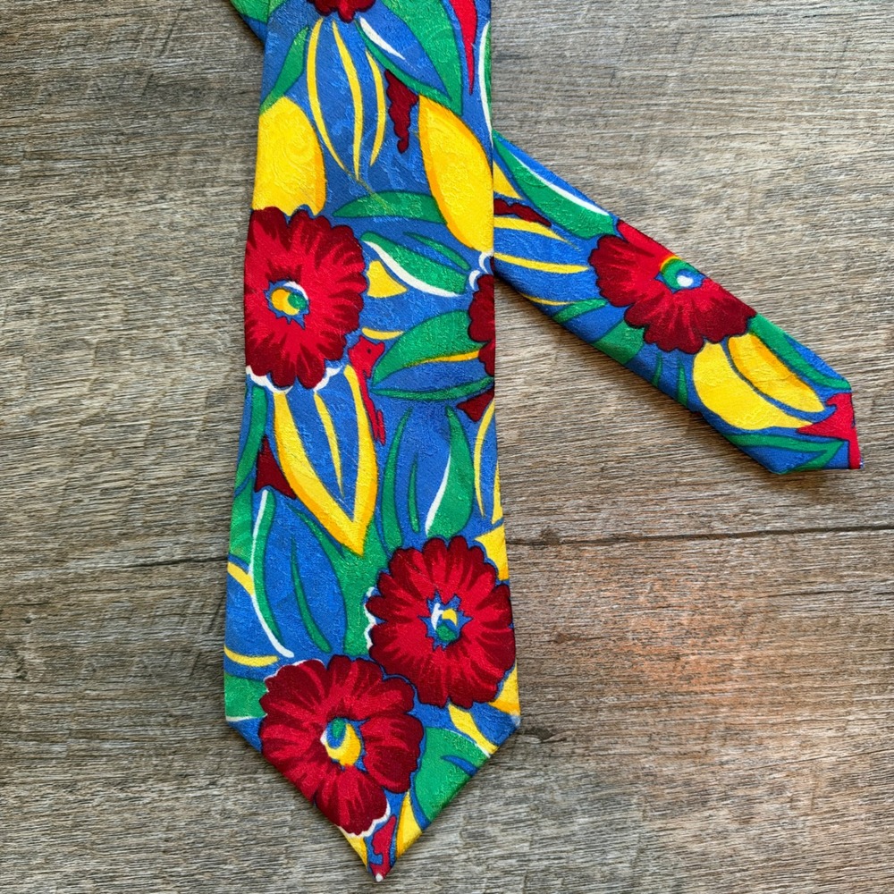 Caroline Charles London Silk Tie One Size Classic Blue Multi Floral England